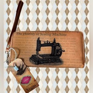 Lavishy Vegan Leather “The History of Sewing Machine” Wristlet/Zip Wallet NWT